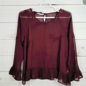 Maurices Blouse Womens Size XL Burgundy Sheer Pullover Long Sleeves.